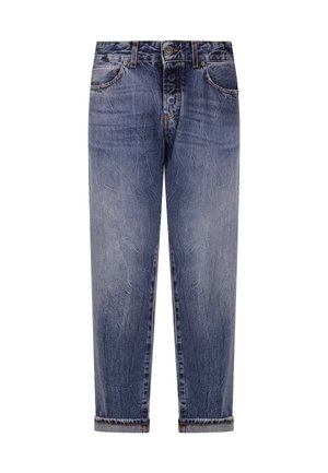 Blå falmede denimjeans med opbukket kant, frontknap, lynlås og design med fem lommer.