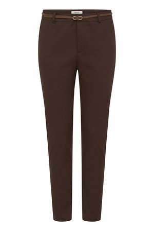 Naiste tumepruunid kitsad püksid, mille vöökohal õhuke sobiv vöö väikese metallist pandlaga.