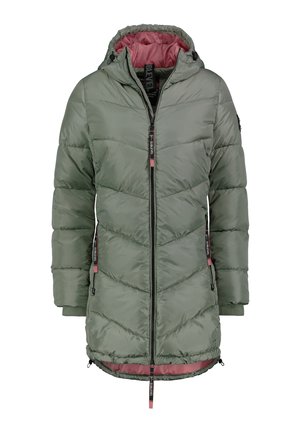 Green padded jacket with a hood, zip closure, and chevron quilted design. Features pink lining and accent details. Lightweight, water-resistant fabric.