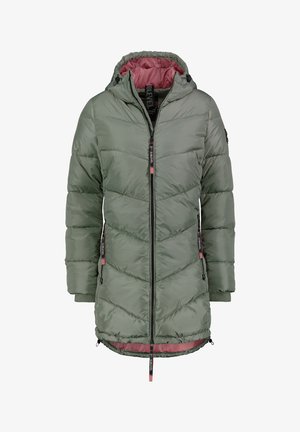 Green padded jacket with a hood, zip closure, and chevron quilted design. Features pink lining and accent details. Lightweight, water-resistant fabric.