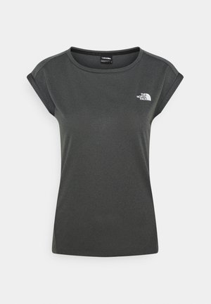 Tummanharmaa lyhythihainen urheilupaita, jossa on pyöreä kaula-aukko ja valkoinen The North Face -logo vasemmassa rinnassa.