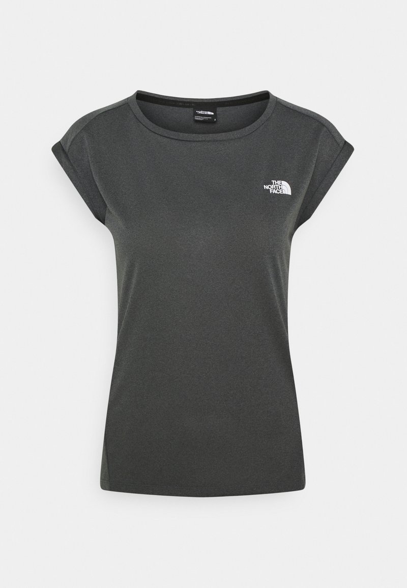 Mörkgrå, kortärmad träningsskjorta med rund halsringning och vit The North Face-logotyp på vänster bröst.
