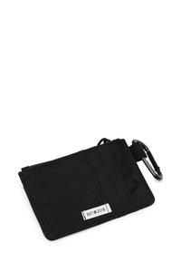 Black nylon cardholder with a smooth texture, featuring two slots, a carabiner clip, and a label with "EST. 2015."