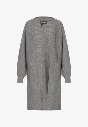 Sivi pleteni kardigan s dugim rukavima, otvorenog prednjeg dijela i rebrastom teksturom. Dizajn je opuštenog kroja s suptilnim vertikalnim uzorkom.