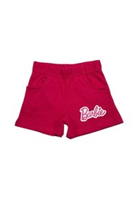 Shorts en coton rose avec une ceinture élastique, dotés de deux poches latérales et du logo "Barbie" blanc sur le bas droite.