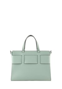 Borsa a spalla in pelle verde menta con due manici superiori, tre tasche frontali e una texture liscia. Forma rettangolare con hardware minimale.