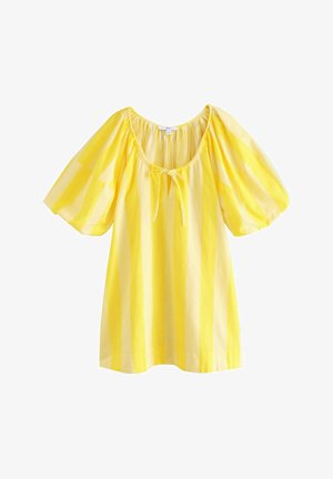 Gelb gestreiftes kurzes Kleid mit Puffärmeln, aus leichtem Stoff gefertigt. Es hat einen runden Ausschnitt und eine Schleifendetail vorne.