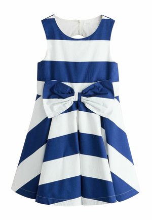 Varrukateta merevaigust ja valget triibuline kleit, millel on ümmargune kaelus ja vöökohtadel suur sobiv lips.