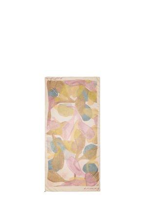 Pañuelo rectangular con formas abstractas de hojas en tonos pasteles de rosa, amarillo, azul y beige sobre un fondo claro.