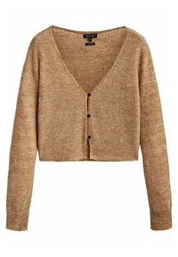 Braunes, kurz geschnittenes Strickjacken mit V-Ausschnitt, langen Ärmeln und Knopfleiste. Hergestellt aus strukturierter Strickware, mit vier runden Knöpfen.