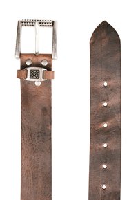 Brown leather belt featuring a silver metal buckle with perforations and a decorative metal accent. The strap has evenly spaced holes.