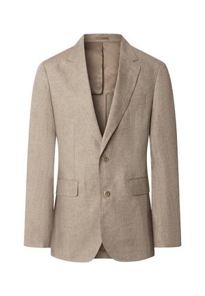 Blazer beige pour homme avec deux boutons, revers crantés, poches à rabat et une poche poitrine, présenté sur un fond blanc.