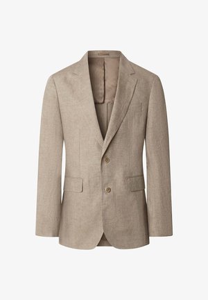 Blazer beige pour homme avec deux boutons, revers crantés, poches à rabat et une poche poitrine, présenté sur un fond blanc.