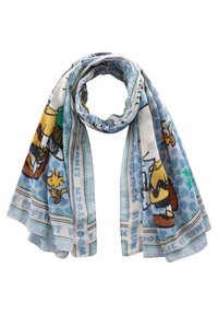 Zijden sjaal met een blauw-wit patroon met cartoonfiguren en tekst. Lichtgewicht met een gladde textuur en een vloeiende vormgeving.