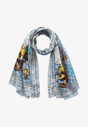 Silk scarf with a blue and white pattern featuring cartoon characters and text. Lightweight with a smooth texture and flowing design.
