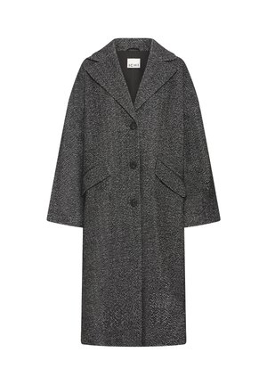 Long black and white herringbone patterned coat with wide collar, three black buttons, and two front flap pockets.