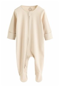Beige geripptes Babystrampelanzug mit langen Ärmeln, Reißverschluss, Füßchen und Bündchen an den Ärmeln. Weicher, strukturierter Stoff für Komfort.