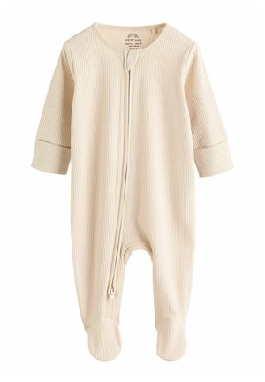 Vauvan beige raidoitettu onesie, jossa on pitkät hihat, vetoketjukiinnitys, jalkapohjat ja hihansuissa kuminauhat. Pehmeä, rakenteellinen kangas mukavuutta varten.