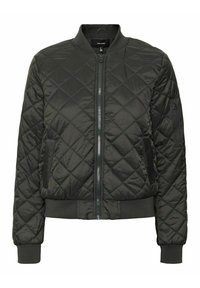 Pikowana kurtka bomberka z ciemnozielonego nylonu, wyposażona w zamek błyskawiczny, ściągacze na mankietach oraz boczne kieszenie z dodatkową kieszenią na zamek na rękawie.