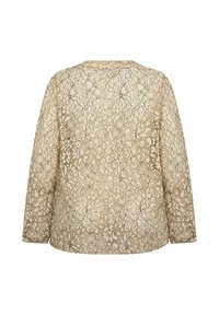 Beige pitsiga lilledemustriga pitsisärk, pikkade varrukatega, ümar kaelus ja vabalt langev lõige. Tekstureeritud pind, millel on keerukad üksikasjad.