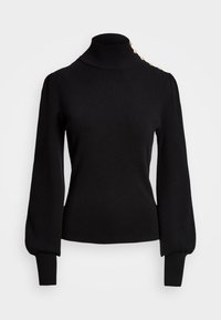 Melnas turtlenecks džemperis ar ribotu tekstūru, pūkainām piedurknēm, pieguļošu siluetu un zelta pogu akcents uz pleca.