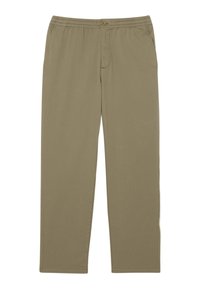 Beige katoenen blend broek met een elastische tailleband, recht model, vlakke voorkant en zijzakken. Ideaal voor casual gebruik.