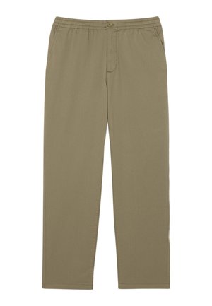 Beige cotton blend pants with an elastic waistband, straight leg design, flat front, and side pockets. Ideal for casual wear.