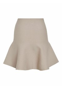 Beige uitlopende rok met een aansluitende taille en een zwierige zoom, gemaakt van een gladde, gestructureerde stof. Geen zichtbare patronen of hardware-details.