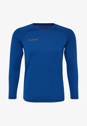 Langärmliges Sportshirt aus leuchtend blauem Stoff, mit Rundhalsausschnitt, flachen Nähten und einem dezenten, goldenen Logo auf der Brust.