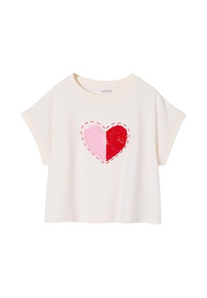 Cream short-sleeve toddler T-shirt with reversible sequined heart in pink and red, outlined by small red "LOVE" text repeated around the heart.