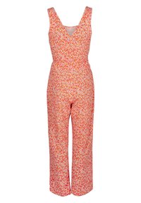 Combinaison sans manches avec col en V, jambes larges, motif floral rose, orange et blanc.
