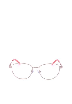 Occhiali con montatura in metallo, lenti tonde trasparenti e estremità delle aste rosa, mostrati su sfondo bianco.
