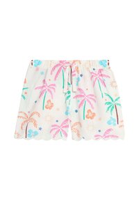 Witte shorts met een gegolfde zoom, versierd met tropische palmbomen en bloemen in roze, oranje, blauw en groen. Inclusief een trekkoord.