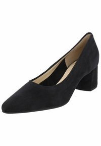 Black suede high-heeled pump with a pointed toe, medium block heel, and a smooth inner lining. Features a minimalist design with a sleek silhouette.