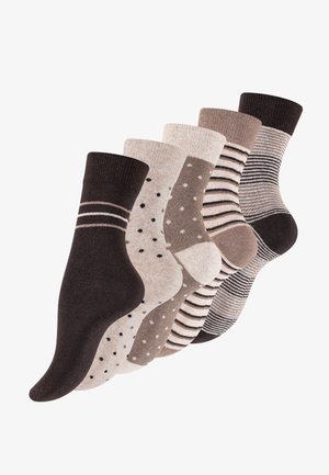 Set of five pairs of socks in various shades of brown and beige. Patterns include stripes, polka dots, and solid colors with ribbed tops.
