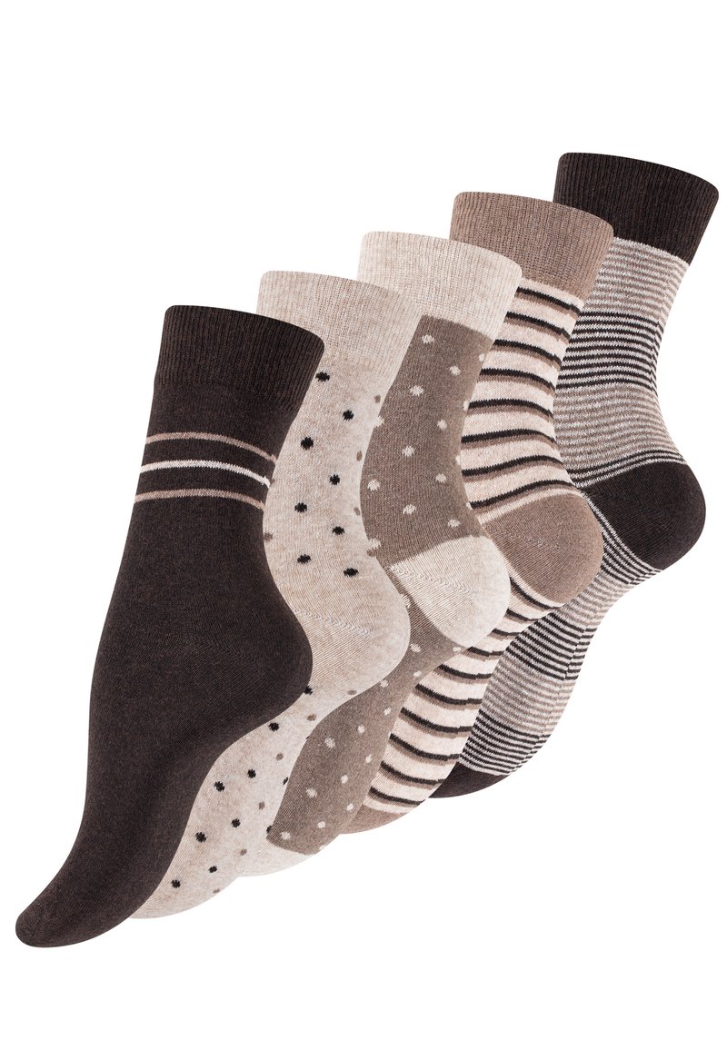 Set di cinque paia di calzini in diverse tonalità di marrone e beige. I modelli includono righe, pois e colori solidi con bordi a costine.