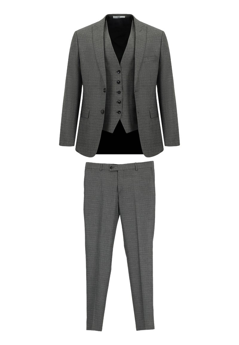 Traje gris hecho a medida con chaqueta de un solo botón, solapas con muesca y chaleco a juego. Incluye pantalones de pernera recta, todo en una tela texturizada.