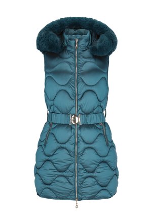 Teal puffervest med hætte af kunstpels, lynlåslukning foran og bælte i taljen. Har quiltet bølget mønster og sølvfarvede metaldetaljer.