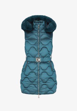 Türkisfarbene Steppweste mit Kapuze aus Kunstpelz, Reißverschluss vorne und tailliertem Design. Mit einem gesteppten, gewellten Muster und silbernen Hardware-Akzenten.