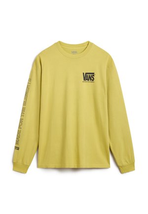 Żółta koszulka Vans z długim rękawem, czarne logo na piersi i napis „Made for the Elements” na lewym rękawie.