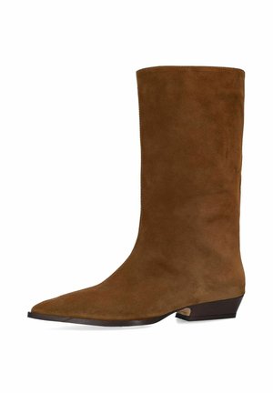 Brown suede mid-calf boot with pointed toe and low stacked heel, smooth texture and minimal design on white background.