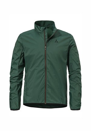 Dark green lightweight jacket with full front zipper, high collar, elastic cuffs, and small logo on chest and sleeve.
