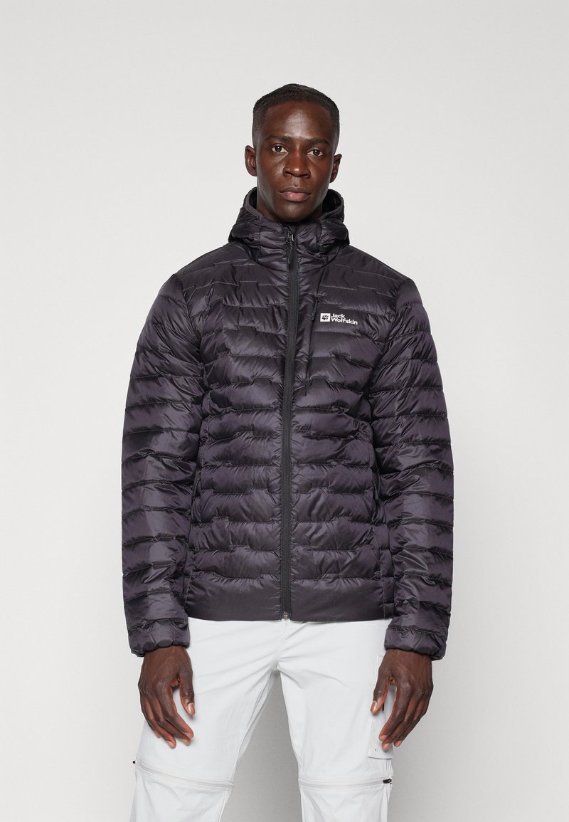 Black puffer jacket with hood, featuring stitched panels, a front zipper, and a logo on the left chest. Smooth texture, lightweight design.