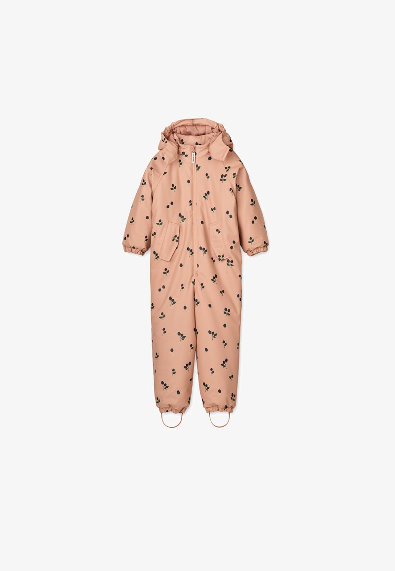 Ροζ αδιάβροχο ολόσωμο φόρεμα με μπροστινό φερμουάρ, κουκούλα, μαύρα μοτίβα φύλλων, ελαστικούς καρπούς και ιμάντες ποδιών για ασφαλή εφαρμογή. Δύο μπροστινές τσέπες.