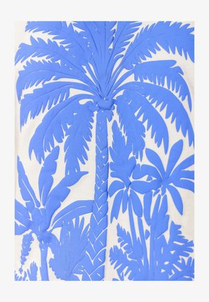 Motif de feuilles de palmier bleues sur un fond de tissu blanc, présentant des découpes et différentes formes de feuilles, créant un aspect texturé.