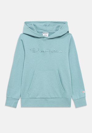 Felpa azzurro chiaro con cappuccio, logo "Champion" ricamato, tasca a marsupio frontale e polsini e orlo a coste. Realizzata in morbido tessuto in misto cotone.