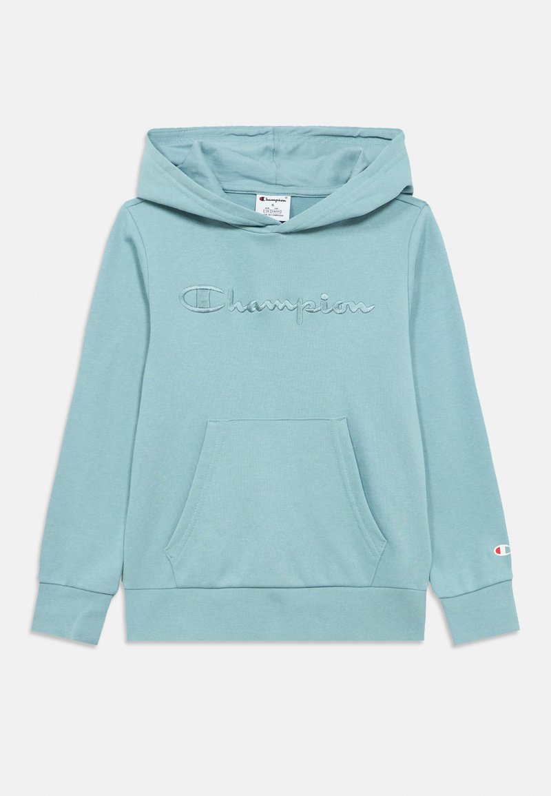 Φωτεινό γαλάζιο φούτερ με κουκούλα, κεντημένο λογότυπο "Champion", μπροστινή τσέπη τύπου πουγκί και μανσέτες και τελείωμα με ριμπ ύφανση. Κατασκευασμένο από μαλακό ύφασμα μείγματος βαμβακιού.