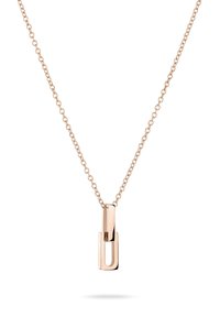 Collana in oro rosa con pendente geometrico dalla finitura lucida, attaccata a una delicata catena a maglie piccole.