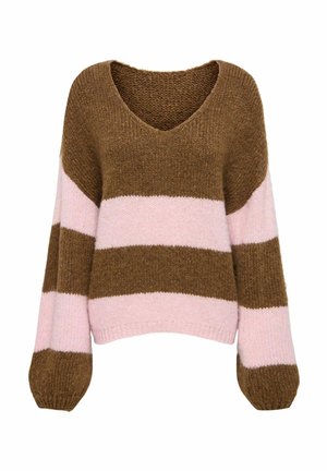Brun og lyserød stribet striktrøje med V-hals, oversized design og løse ærmer. Tekstureret, chunky garn giver farverne dybde.