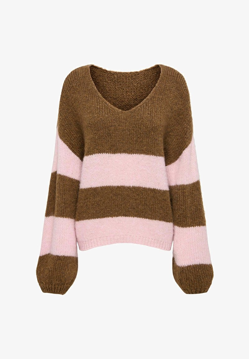 Pull tricoté rayé marron et rose avec un col en V, un design oversized et des manches larges. Le fil texturé et épais apporte de la profondeur aux couleurs.